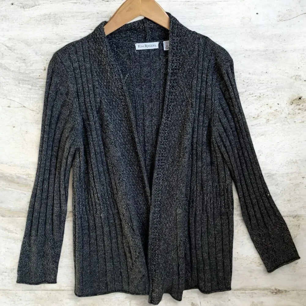 Kim Rogers Marled Gray Knit Classic Open Front Ribbed Cardigan Medium Grannycore